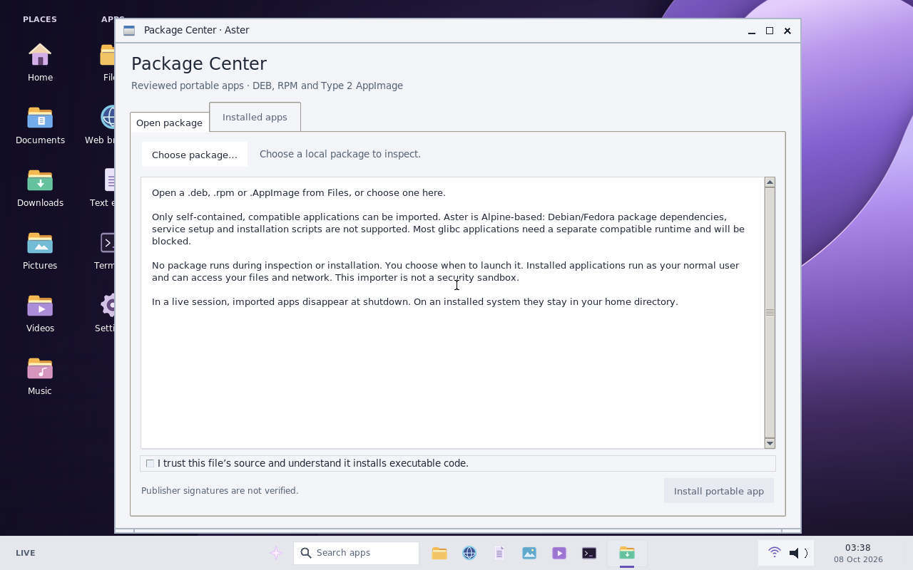 Actual Aster 0.7 Package Center, including compatibility and application trust warnings.
