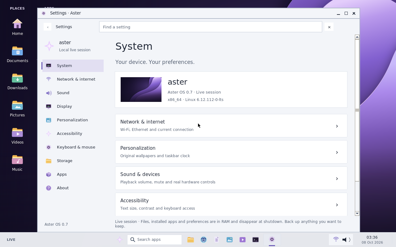Actual Aster 0.7 Settings showing System, network, sound, display, personalization, and accessibility sections.
